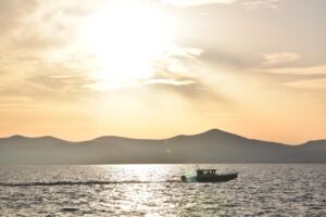 zadar, sea, sunset, boat, mountains, dusk, nature, twilight, croatia