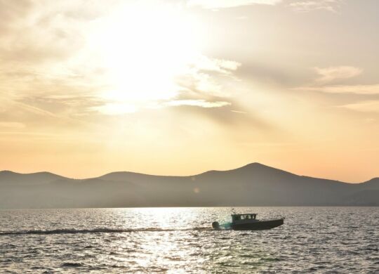 zadar, sea, sunset, boat, mountains, dusk, nature, twilight, croatia